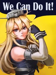 Rule 34 | 1girl, arise (allicenogalca), blonde hair, blue eyes, bras d&#039;honneur, breasts, commentary request, elbow gloves, english text, fingerless gloves, front-tie top, gloves, hand on own arm, headgear, highres, iowa (kancolle), kantai collection, large breasts, lips, long hair, looking at viewer, parody, rosie the riveter, signature, solo, star-shaped pupils, star (symbol), symbol-shaped pupils, upper body, we can do it!, yellow background