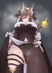 Rule 34 | 1girl, absurdres, animal ears, asymmetrical hair, breasts, brown hair, closed eyes, clothes lift, detached sleeves, extra ears, frilled sleeves, frills, galleon (granblue fantasy), gloves, granblue fantasy, highres, horns, large breasts, long hair, looking at viewer, looking down, multicolored hair, pelvic curtain, pelvic curtain lift, pointy ears, sinundu, skindentation, solo, steaming body, streaked hair, suggestive fluid, thigh strap, very long hair, wand, white gloves