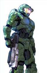 Rule 34 | 1boy, absurdres, animification, armor, assault rifle, black gloves, bullpup, gloves, gun, halo (series), halo infinite, helmet, highres, holding, holding gun, holding weapon, ma5, master chief, nasutetsu, open hand, power armor, rifle, science fiction, scratched paint, solo, spartan (halo), visor, weapon, white background