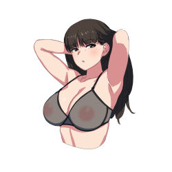 Rule 34 | 1girl, armpits, arms behind back, black hair, blush, breasts, brown eyes, cleavage, girls und panzer, highres, large breasts, long hair, looking at viewer, nipples, nishizumi shiho, onsen tamago (hs egg), open mouth, see-through, simple background, solo, upper body, white background