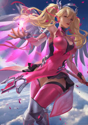 Rule 34 | 1girl, absurdres, alternate hairstyle, bare shoulders, black skirt, blonde hair, blue eyes, blue sky, breasts, cloud, cloudy sky, cowboy shot, criss-cross halter, day, dress, energy, eyelashes, fingerless gloves, fingernails, gloves, glowing, glowing wings, hair between eyes, hair ribbon, halo, halterneck, highres, holding, holding staff, large breasts, light particles, looking at viewer, mechanical halo, mechanical wings, mercy (overwatch), nail polish, nose, official alternate costume, outdoors, overwatch, overwatch 1, parted lips, pelvic curtain, petals, pink dress, pink lips, pink mercy, pink nails, pink ribbon, ribbon, skirt, sky, solo, staff, thighhighs, ttk (kirinottk), twintails, wings