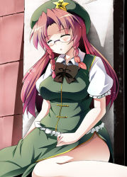 Rule 34 | 1girl, bespectacled, blush, braid, breasts, chinese clothes, female focus, glasses, hat, hong meiling, long hair, red hair, skirt, sleeping, solo, tekehiro, touhou, twin braids