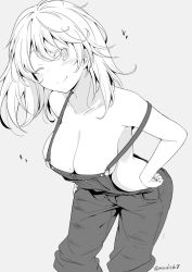 Rule 34 | 1girl, breasts, cleavage, greyscale, hands on own hips, kichihachi, large breasts, leaning forward, long hair, mole, mole on breast, monochrome, naked overalls, no bra, one eye closed, original, overalls, solo, standing, wink