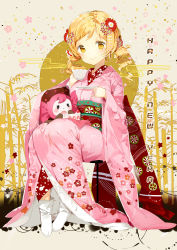 Rule 34 | 10s, 1girl, absurdres, anmi, blonde hair, cake, charlotte (madoka magica), cup, drill hair, food, furisode, hair ornament, has bad revision, highres, japanese clothes, kimono, long sleeves, looking at viewer, mahou shoujo madoka magica, mahou shoujo madoka magica (anime), md5 mismatch, new year, obi, plate, resolution mismatch, sash, sitting, smile, solo, source smaller, teacup, tomoe mami, twin drills, twintails, white legwear, wide sleeves, yellow eyes