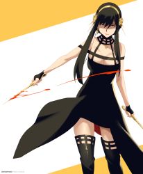 Rule 34 | 1girl, absurdres, black dress, black footwear, black gloves, black hair, blood, bloody weapon, boots, breasts, dagger, dress, earrings, fingerless gloves, gloves, gold earrings, gold hairband, hairband, highres, holding, holding dagger, holding knife, holding weapon, jewelry, knife, large breasts, red eyes, short hair, short hair with long locks, sidelocks, sleeveless, sleeveless dress, solo, spy x family, standing, stayaliveplz, stiletto (weapon), thigh boots, two-sided dress, two-sided fabric, weapon, yor briar