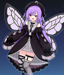 Rule 34 | 1girl, :d, ahoge, asymmetrical legwear, beret, black bow, black bowtie, black dress, black hat, black ribbon, blunt bangs, blush, bow, bowtie, breasts, butterfly wings, collar, commentary request, cowlick, dress, feet out of frame, flat chest, frilled dress, frills, grey collar, grey thighhighs, hat, highres, insect wings, leg ribbon, long hair, looking at viewer, medium bangs, mismatched legwear, multicolored hair, nanashi inc., off-shoulder dress, off shoulder, open mouth, petticoat, purple hair, purple wings, red eyes, ribbon, shisui kiki, shisui kiki (2nd costume), sleeves past fingers, sleeves past wrists, small breasts, smile, solo, streaked hair, striped clothes, striped thighhighs, thighhighs, vertical-striped clothes, vertical-striped thighhighs, very long hair, virtual youtuber, wings, yamapiyo
