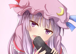 Rule 34 | 1girl, blush, capelet, crescent, crescent hair ornament, ehoumaki, food, hair ornament, hat, long hair, makizushi, mob cap, open mouth, patchouli knowledge, purple eyes, purple hair, ram hachimin, sexually suggestive, solo, sushi, touhou, upper body