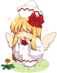 Rule 34 | 1girl, bad id, bad pixiv id, blonde hair, blush, bow, chibi, closed eyes, dandelion, dress, female focus, flower, hat, lily white, long hair, matatabi maru, open mouth, simple background, smile, solo, squatting, touhou, whispering, wings