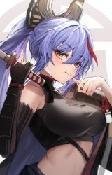 Rule 34 | 1girl, akafuyu (arknights), arknights, arm guards, bare shoulders, black gloves, blush, breasts, brown eyes, crop top, gloves, highres, holding, holding sword, holding weapon, horn/wood, impossible clothes, large breasts, long hair, looking at viewer, midriff, multicolored hair, parted lips, partially fingerless gloves, ponytail, purple hair, red hair, sidelocks, single glove, smile, solo, streaked hair, sword, thumb to mouth, two-tone hair, upper body, very long hair, weapon