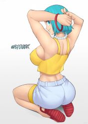 Rule 34 | 1girl, aqua eyes, aqua hair, ass, bare shoulders, blush, breasts, bulma, dragon ball, dragonball z, flytrapxx, from behind, highres, jewelry, kneeling, large breasts, looking at viewer, looking back, necklace, pantylines, sandals, shiny skin, short hair, shorts, sideboob, smile, solo