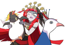 Rule 34 | 1girl, bird, colored skin, dress, fang, grey skin, heterochromia, hololive, hololive indonesia, kaela kovalskia, kureiji ollie, long hair, lutherniel, open mouth, patchwork skin, pavolia reine, pavolia reine (peahen), peahen, penguin, red hair, simple background, stitched face, stitches, very long hair, virtual youtuber, white background, wide-eyed