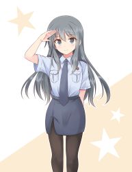 Rule 34 | 1girl, anchor symbol, asashio (kancolle), black hair, blue eyes, blue shirt, blush, breast pocket, highres, kantai collection, long hair, necktie, pantyhose, pencil skirt, pocket, police, police badge, police uniform, policewoman, salute, shirt, shizuna kaede, short sleeves, skirt, smile, star (symbol), starry background, two-tone background