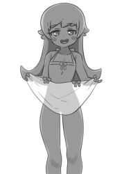 Rule 34 | 1girl, bakemonogatari, bare legs, bare shoulders, basukechi, blush stickers, censored, clothes lift, dress, eyebrows, eyebrows hidden by hair, fang, feet out of frame, female focus, flat chest, greyscale, highres, lifting own clothes, long hair, looking at viewer, monochrome, monogatari (series), open mouth, oshino shinobu, see-through, see-through dress, simple background, smile, solo, white background
