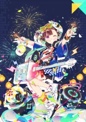 Rule 34 | 1girl, arms up, blush, brown hair, collar, electric guitar, fireworks, glasses, guitar, headphones, highres, instrument, multicolored clothes, multicolored eyes, original, shoes, tsutomu (hghrttm)