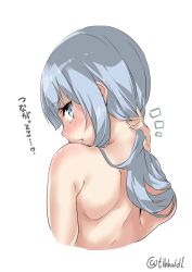 Rule 34 | 10s, 1girl, ^^^, arm behind head, back, bad id, bad twitter id, bare back, bare shoulders, blue eyes, blue hair, blush, ebifurya, eyebrows, female focus, from behind, hand up, hatsukaze (kancolle), highres, inactive account, kantai collection, long hair, looking at viewer, looking back, matching hair/eyes, nape, open mouth, profile, simple background, solo, tears, text focus, topless frame, translated, twitter username, upper body, white background