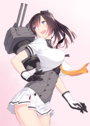 Rule 34 | 10s, 1girl, :d, akizuki (kancolle), arched back, black hair, blew andwhite, blue eyes, breasts, chou-10cm-hou-chan, cowboy shot, gloves, gradient background, hairband, headband, highres, impossible clothes, impossible shirt, kantai collection, large breasts, miniskirt, open mouth, panties, pink background, pleated skirt, ponytail, red panties, sailor collar, shirt, short sleeves, side slit, simple background, skirt, smile, solo, turtleneck, underbust, underwear, | |, || ||