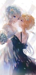 Rule 34 | 2girls, absurdres, artist name, ayaka (genshin impact), black dress, blonde hair, blue eyes, dated, dress, eye contact, flower, genshin impact, hair flower, hair ornament, hand on another&#039;s back, hand on another&#039;s shoulder, highres, jewelry, long tail, looking at another, lumine (genshin impact), multiple girls, necklace, off-shoulder dress, off shoulder, open mouth, ponytail, profile, short hair, short hair with long locks, sidelocks, silver hair, smile, swkl:d, tail, white dress, white flower, yellow eyes, yuri