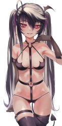Rule 34 | 1girl, absurdres, ahoge, asymmetrical gloves, black gloves, black hair, black thighhighs, blush, breasts, commentary, commentary request, cowboy shot, demon tail, elbow gloves, eyes visible through hair, gloves, gluteal fold, hair between eyes, hair ribbon, harness, highres, long hair, looking at viewer, md5 mismatch, medium breasts, mole, mole on breast, navel, original, parted lips, priite hari (torriet), purple eyes, purple ribbon, resolution mismatch, revealing clothes, revision, ribbon, sidelocks, simple background, single elbow glove, smile, solo, source smaller, standing, stomach, tail, tail around own leg, thigh strap, thighhighs, torriet, twintails, uneven gloves, very long hair, white background