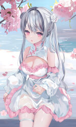 Rule 34 | 1girl, absurdres, blush, breasts, cherry blossoms, cleavage, cleavage cutout, clothing cutout, commentary, detached sleeves, double bun, dress, frilled dress, frills, grey hair, hair between eyes, hair bun, highres, long hair, medium breasts, moemoepiano, open mouth, original, pink eyes, pink nails, sidelocks, sitting, solo, symbol-only commentary, thigh strap, twintails, white dress, white sleeves