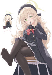 1girl absurdres bag beret black_coat black_gloves black_hat black_pantyhose black_serafuku blonde_hair blue_archive blush bow bowtie cane chair chibi closed_eyes coat commentary_request feet finger_to_mouth gloves green_eyes halo hat highres long_hair no_shoes pantyhose professor_niyaniya_(blue_archive) red_bow red_bowtie school_uniform serafuku serika simple_background sitting smile soles wavy_hair white_background yellow_halo