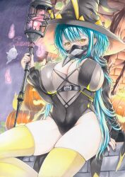 Rule 34 | 1girl, azur lane, black leotard, black nails, blue hair, boise (azur lane), boise (castle tales) (azur lane), breasts, covered navel, ears through headwear, ghost, halloween, halloween costume, hat, highres, holding, holding staff, huge breasts, leotard, looking at viewer, marker (medium), mechanical ears, nail polish, official alternate costume, plague doctor mask, pumpkin, purplepencil, sample watermark, sitting, staff, thighhighs, traditional media, watermark, witch hat, yellow thighhighs