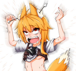 Rule 34 | 1girl, ahoge, animal ear fluff, animal ears, asymmetrical hair, black necktie, blonde hair, blush, breasts, brown vest, clothes lift, collared shirt, commentary request, cookie (touhou), crying, crying with eyes open, ear cleaning, empty eyes, fox ears, fox girl, fox tail, hair between eyes, medium hair, mimikaki, miramikaru riran, necktie, no bra, open mouth, red eyes, shirt, shirt lift, short sleeves, sidelocks, small breasts, solo, tail, tears, trembling, underboob, upper body, vest, white background, white shirt, yan pai