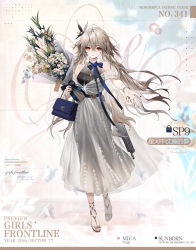 Rule 34 | 1girl, bag, bare shoulders, belt, black belt, black dress, blonde hair, blue bag, blue bow, blue bowtie, blue nails, bouquet, bow, bowtie, breasts, character name, closed mouth, commentary request, copyright name, dress, flower, girls&#039; frontline, gold shoes, hair flower, hair ornament, high heels, highres, holding, holding bag, holding bouquet, jewelry, long hair, looking at viewer, medium breasts, mole, mole under eye, nail polish, necklace, official art, over shoulder, red eyes, solo, sp9 (girls&#039; frontline), sp9 (slumbering starry dream) (girls&#039; frontline), standing, toes, weapon, weapon over shoulder, white dress, youamo