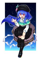 Rule 34 | 1girl, :d, alternate costume, artist logo, artist name, black footwear, black hat, black skirt, black thighhighs, blue hair, boots, collared shirt, commentary, commission, crossed bangs, english commentary, full body, fur hat, hand up, hat, highres, hinanawi tenshi, keystone, long hair, long sleeves, looking at viewer, open mouth, pleated skirt, red eyes, shide, shirt, sitting, skirt, sky, smile, solo, star (sky), starry sky, texusa1, thighhighs, touhou, very long hair, waving, white shirt
