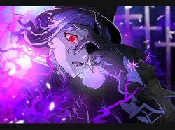 Rule 34 | 1boy, black gloves, cracked skin, cross-shaped pupils, edmond dantes (fate), fate/grand order, fate (series), fire, gloves, glowing, glowing eye, grey hair, hat, highres, letterboxed, lunarose, male focus, purple fire, red eyes, signature, symbol-shaped pupils, the count of monte cristo (fate), vambraces