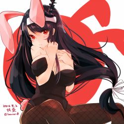 Rule 34 | 10s, 1girl, 2016, alternate costume, animal ears, bad id, bad pixiv id, bare arms, bare shoulders, black hair, black pantyhose, breasts, character name, cleavage, cointreau, dated, embarrassed, eyebrows, fake animal ears, fishnet pantyhose, fishnets, fusou (kancolle), hair ornament, hair ribbon, hairband, hand on own chest, kantai collection, large breasts, leotard, long hair, looking at viewer, low tied hair, pantyhose, playboy bunny, rabbit ears, rabbit tail, red eyes, ribbon, solo, tail, twitter username, two-tone background, upper body, white ribbon