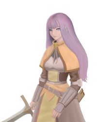 Rule 34 | 1girl, absurdres, blue eyes, brown capelet, brown dress, capelet, chest guard, closed mouth, cowboy shot, dress, expressionless, highres, holding, holding sword, holding weapon, long hair, looking at viewer, purple hair, ragnarok online, scabbard, sheath, simple background, solazure, solo, sword, swordsman (ragnarok online), vambraces, weapon, white background