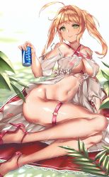 Rule 34 | 1girl, ahoge, ass, bikini, blonde hair, bottomless, breasts, can, day, fate/grand order, fate (series), full body, green eyes, hair intakes, halterneck, high heels, large breasts, long hair, looking at viewer, lying, nail polish, navel, nero claudius (fate), nero claudius (fate) (all), nero claudius (swimsuit caster) (fate), on side, outdoors, parted lips, pink footwear, pink nails, see-through, shoes, smile, solo, strap slip, striped bikini, striped clothes, swimsuit, twintails, viola (seed), wet
