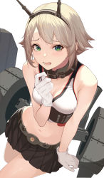 Rule 34 | 1girl, absurdres, black skirt, blush, breasts, brown hair, gloves, green eyes, headgear, highres, kantai collection, large breasts, machinery, mutsu (kancolle), navel, open mouth, oweee, pleated skirt, revision, rigging, short hair, simple background, skirt, solo, turret, white background, white gloves