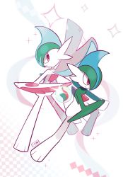 Rule 34 | chirosamu, closed mouth, colored skin, commentary request, creatures (company), frown, full body, gallade, game freak, gen 4 pokemon, green hair, highres, looking back, mega gallade, mega pokemon, nintendo, pokemon, pokemon (creature), red eyes, sparkle, white skin