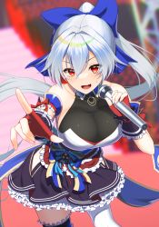 Rule 34 | 1girl, blush, breasts, fate/grand order, fate (series), hair between eyes, highres, kuroshiro (ms-2420), large breasts, long hair, looking at viewer, microphone, open mouth, pointing, pointing at viewer, ponytail, red eyes, silver hair, smile, tomoe gozen (fate)