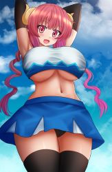 Rule 34 | 1girl, :d, arm warmers, armpits, arms behind head, arms up, black panties, black thighhighs, blue skirt, blue sky, breasts, cloud, cowboy shot, crop top, dragon horns, fang, highres, horns, ilulu (maidragon), kazenokaze, kobayashi-san chi no maidragon, large breasts, long hair, looking at viewer, midriff, miniskirt, navel, open mouth, panties, pink eyes, pink hair, shirt, skirt, sky, sleeveless, sleeveless shirt, smile, solo, stomach, thighhighs, twintails, underboob, underwear, white shirt
