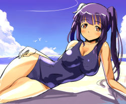 Rule 34 | 1girl, beach, breasts, cloud, contrail, day, hand on own hip, large breasts, long hair, lying, on side, one-piece swimsuit, original, outdoors, purple hair, red eyes, school swimsuit, sikorsky, solo, swimsuit, twintails