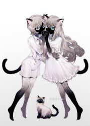 1boy 1girl animal_ears black_skin black_tail blonde_hair blue_eyes buttons cat cat_boy cat_ears cat_girl cat_tail chinese_commentary collared_shirt colored_skin commentary_request dress frilled_dress frills full_body furry furry_female furry_male highres holding_hands long_hair long_sleeves original shirt short_hair short_sleeves shorts siamese_cat tail white_background white_dress white_shirt white_shorts yichen_wendy