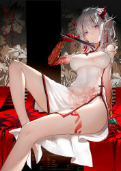 Rule 34 | 1girl, absurdres, arknights, arm support, bare legs, bare shoulders, bead bracelet, beads, bracelet, breasts, china dress, chinese clothes, covered navel, dress, earrings, foot out of frame, hand up, head tilt, highres, holding, horns, horz, jewelry, looking at viewer, medium breasts, multicolored hair, nian (arknights), nian (unfettered freedom) (arknights), official alternate costume, pointy ears, purple eyes, red hair, silver hair, sitting, sleeveless, sleeveless dress, smile, solo, streaked hair, tassel, tassel earrings, thighs, white dress