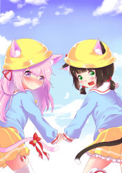 Rule 34 | 2girls, absurdres, animal ear fluff, animal ears, azur lane, bell, blue shirt, blush, brown hair, cat ears, cat tail, cloud, commentary request, day, fang, from behind, green eyes, hat, highres, holding hands, jingle bell, kindergarten uniform, kisaragi (azur lane), kneehighs, long hair, looking back, low twintails, multiple girls, mutsuki (azur lane), neross, open mouth, outdoors, pink eyes, pink hair, ribbon, school hat, shirt, short hair, short twintails, side ponytail, skirt, sky, smile, socks, tail, tail ornament, tail ribbon, thighhighs, twintails, white legwear, yellow headwear, yellow skirt