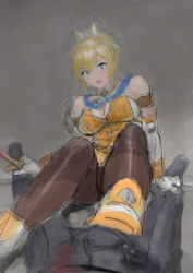 Rule 34 | 1boy, 1girl, absurdres, bad id, bad pixiv id, bare shoulders, bdsm, blonde hair, blood, blue eyes, boots, bow, breasts, brown pantyhose, bulge, cassandra alexandra, cleavage, cleavage cutout, clothing cutout, commentary request, detached collar, detached sleeves, femdom, grey background, hair between eyes, hair bow, high ponytail, highres, large breasts, looking at viewer, open mouth, orange footwear, pantyhose, pov, reverse ryona, seset, short hair, sidelocks, sitting, soul calibur, white bow, wing collar