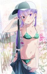Rule 34 | 1girl, absurdres, bare shoulders, bikini, blush, breasts, brick wall, collarbone, copyright name, cowboy shot, flower, gluteal fold, hair flower, hair ornament, hat, highres, light purple hair, long hair, looking at viewer, makicha (sasurainopink), navel, new game!, open mouth, overalls, overalls removed, purple eyes, side-tie bikini bottom, skindentation, small breasts, solo, soujirou (new game!), standing, string bikini, suzukaze aoba, sweat, sweatdrop, swimsuit, thigh gap, twintails, undressing, very long hair