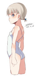 Rule 34 | 1girl, bare arms, bare shoulders, blue eyes, blue ribbon, blush, breasts, closed mouth, cowboy shot, cropped legs, dated, hair ribbon, light brown hair, looking at viewer, looking to the side, maze (gochama ze gohan), one-piece swimsuit, original, profile, ribbon, short hair, signature, simple background, sketch, small breasts, solo, swimsuit, white background, white one-piece swimsuit