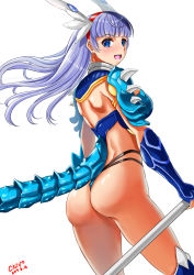 Rule 34 | 1girl, armor, artist name, ass, bad anatomy, blue eyes, blunt bangs, bracer, breasts, cherosuke2015, dated, dragon tail, earrings, hairband, highres, jewelry, long hair, looking at viewer, lucille (sennen sensou aigis), magatama, magatama earrings, medium breasts, open mouth, purple hair, red hairband, sennen sensou aigis, shoulder armor, shoulder blades, simple background, smile, solo, standing, tail, very long hair, white background