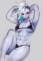 Rule 34 | 1girl, abs, absurdres, arms behind head, bikini, blue hair, blue skin, colored skin, food, highres, looking at viewer, multicolored hair, muscular, muscular female, nsfwolf, original, pointy ears, red eyes, scar, scar on face, shaved ice, simple background, smile, solo, swimsuit, white hair, white skin