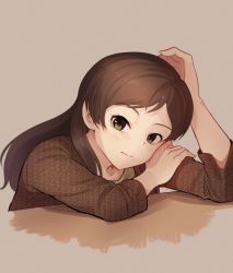 Rule 34 | 1girl, brown eyes, brown hair, expressionless, idolmaster, idolmaster million live!, kamille (vcx68), kitazawa shiho, long hair, looking at viewer, parted bangs, simple background, sketch, solo, tail