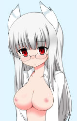 Rule 34 | 1girl, animal ears, bad id, bad pixiv id, blush, breasts, collarbone, dress shirt, glasses, head wings, heidimarie w. schnaufer, izuko, looking down, nipples, nude, open clothes, open shirt, red eyes, shirt, solo, strike witches, upper body, white hair, wings, world witches series