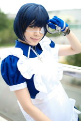 Rule 34 | 1girl, apron, asian, blue eyes, blue gloves, blue hair, boots, collar, color contacts, cosplay, cross, cuffs, eyepatch, gloves, handcuffs, highres, ikkitousen, kneehighs, looking at viewer, maid, maid apron, namada, outdoors, photo (medium), puffy short sleeves, puffy sleeves, ryomou shimei, ryomou shimei (cosplay), short sleeves, socks, solo, standing