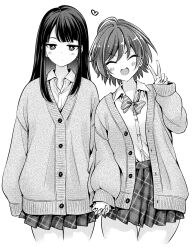 Rule 34 | 2girls, absurdres, blush, cardigan, closed mouth, collared shirt, cowboy shot, earrings, greyscale, heart, highres, hinoharaf (14310486), holding hands, interlocked fingers, jewelry, long hair, long sleeves, looking at viewer, monochrome, multiple girls, open mouth, original, pleated skirt, school uniform, shirt, short hair, skirt, smile, v, yuri