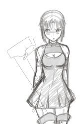 Rule 34 | 00s, 1girl, armlet, arms behind back, blush, breasts, ciel (tsukihime), cleavage, cleavage cutout, clothing cutout, dress, looking away, no eyewear, oceanbellereine, powered ciel, short hair, sketch, sleeveless, sleeveless dress, solo, tattoo, thighhighs, tsukihime, weapon, zettai ryouiki